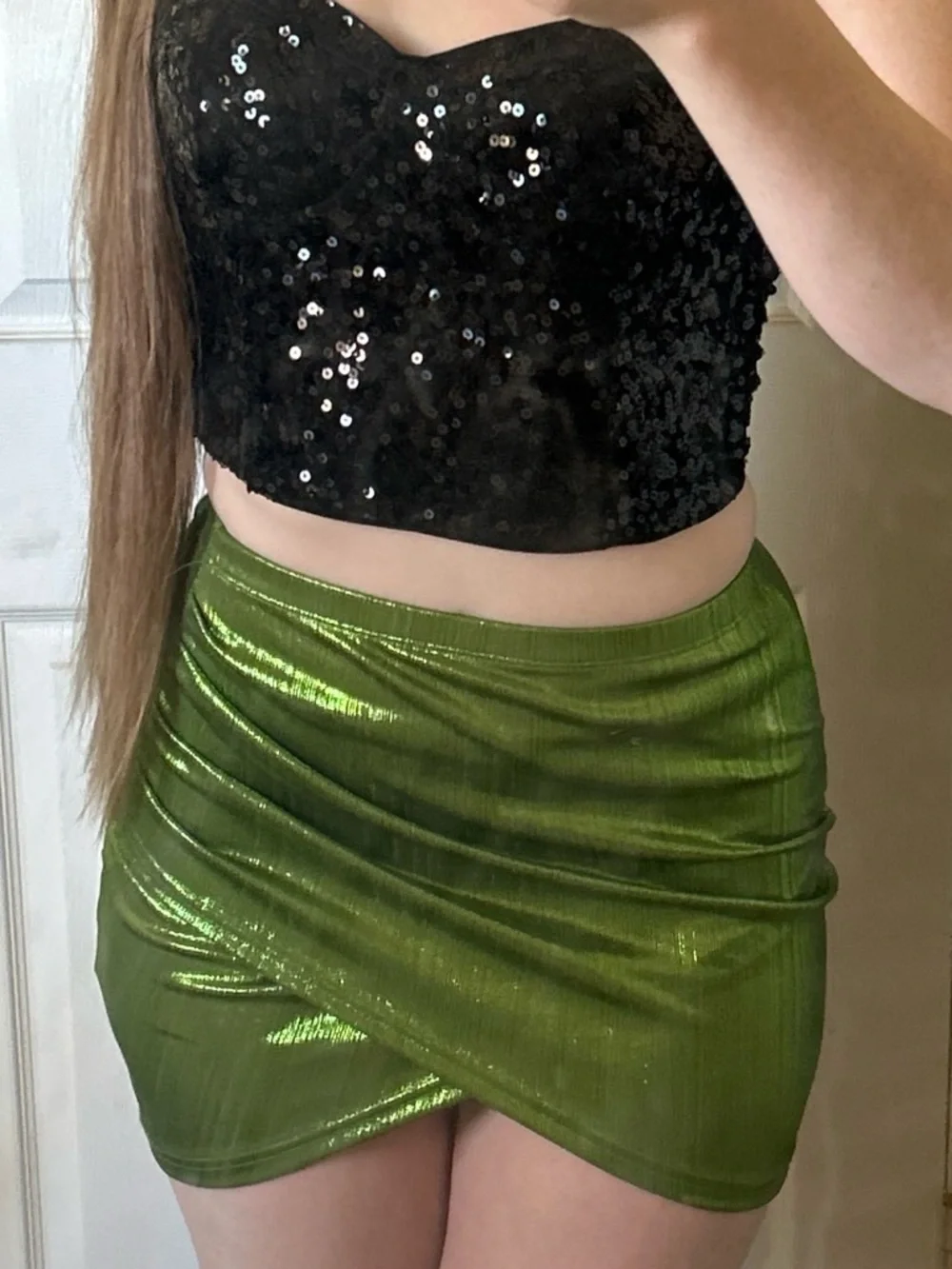 Green Metallic Wrap Cross Mini Skirt 🍏